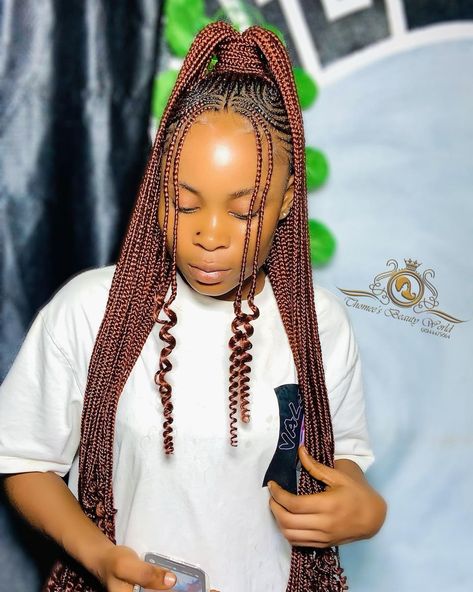 High Cornrow Ponytail with Auburn Feed In Ponytail Carrot Hairstyle, Hairstyles Straight Up Braids, Straight Ups Hairstyles Braids, Straight Up With Beads, Straight Up With Curls Braids, Half Carrot Half Box Braids, Cornrows In Ponytail, Feed In Cornrow Ponytail, Straight Back Hairstyles Braids