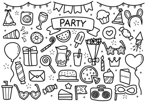 Party Doodle Collection Banner Doodle, Diy Gifts Videos, Happy Birthday Drawings, Party Decoration Items, Sketch Notes, Easy Doodles Drawings, Doodle Lettering, Clipart Black And White, Bullet Journal Inspo