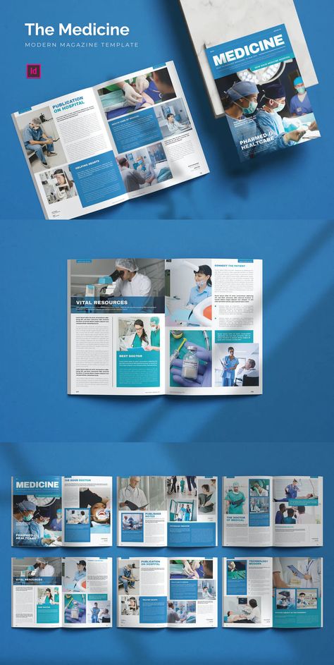 Medicine - Magazine Template. INDD. A4. 14 Pages Easy to Customize. CMYK 300Dpi ( 8.2 x 11.7 Inch ) Medical Magazine, Booklet Design Layout, Health Magazine Layout, Medical Brochure, Magazine Design Inspiration, Magazine Ideas, Tech Magazines, Medical Posters, Dr Book