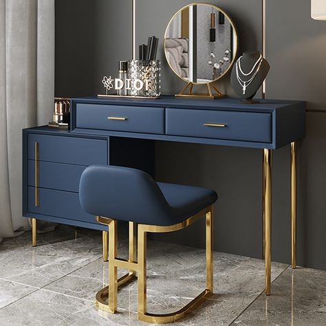 Modern Blue Makeup Vanity Set Retracted Dressing Table 5 Drawers Cabinet & Stool & Mirror Included in Small/Large Dressing Table Cabinet, Modern Dressing Table Designs, Reka Bentuk Bilik Tidur, Dressing Table Decor, Dressing Room Decor, Makeup Vanity Set, Hiasan Bilik Tidur, Dressing Table Design, Beauty Room Decor