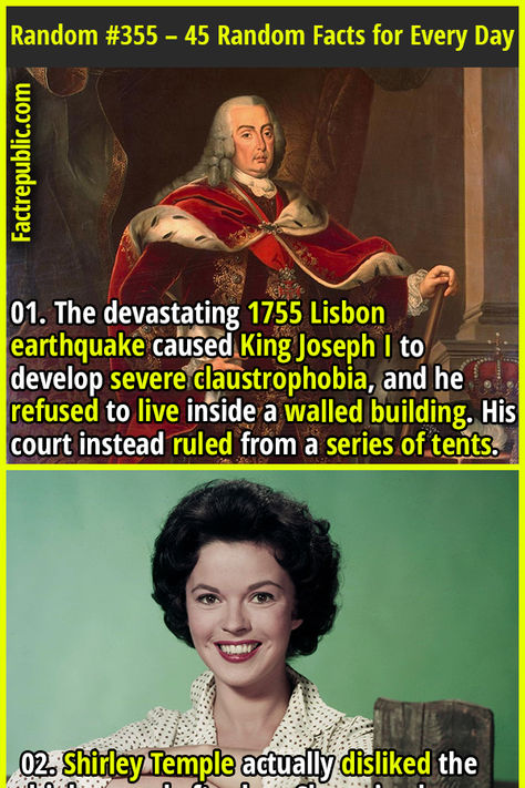 01. The devastating 1755 Lisbon earthquake caused King Joseph I to develop severe claustrophobia, and he refused to live inside a walled building. His court instead ruled from a series of tents. #earthquake #popular #famous #celebrity #didyouknow #kings #history Feminine Advice, Fact Republic, Bedtime Reading, Shock Wave, Unbelievable Facts, Random Facts, People In Need, Fact Sheet, Pregnancy Birth