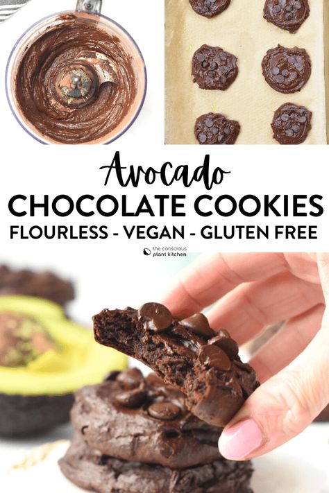 Avocado Cookies, Gluten Free Chocolate Cookies, Flourless Chocolate Cookies, Avocado Dessert, Cookies Healthy, Vegan Cookies Recipes, Avocado Chocolate, Vegan Snack, Healthy Cookie Recipes