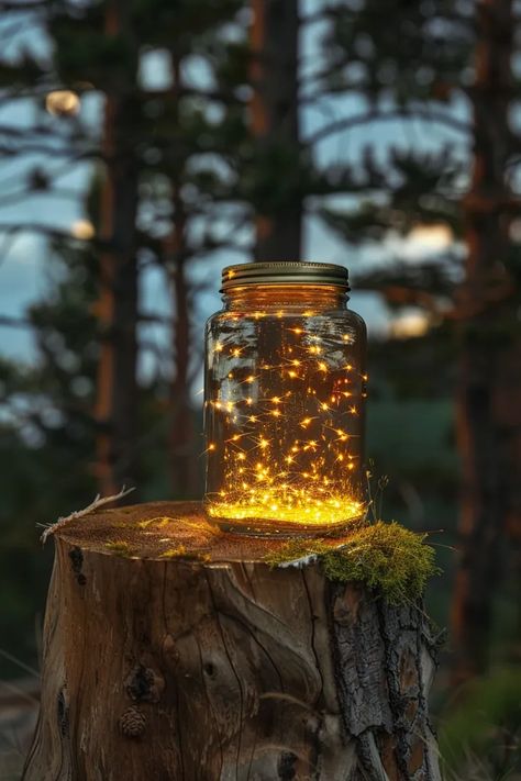 There is a jar on a tree stump in the woods. The jar is filled with fireflies ->> more details in ai-img-gen.com Firefly In A Jar, Firefly Jar, Moss Growing, Fireflies In A Jar, Mossy Tree, Old Cabin, Deep Blue Color, Farm Eggs, The Jar