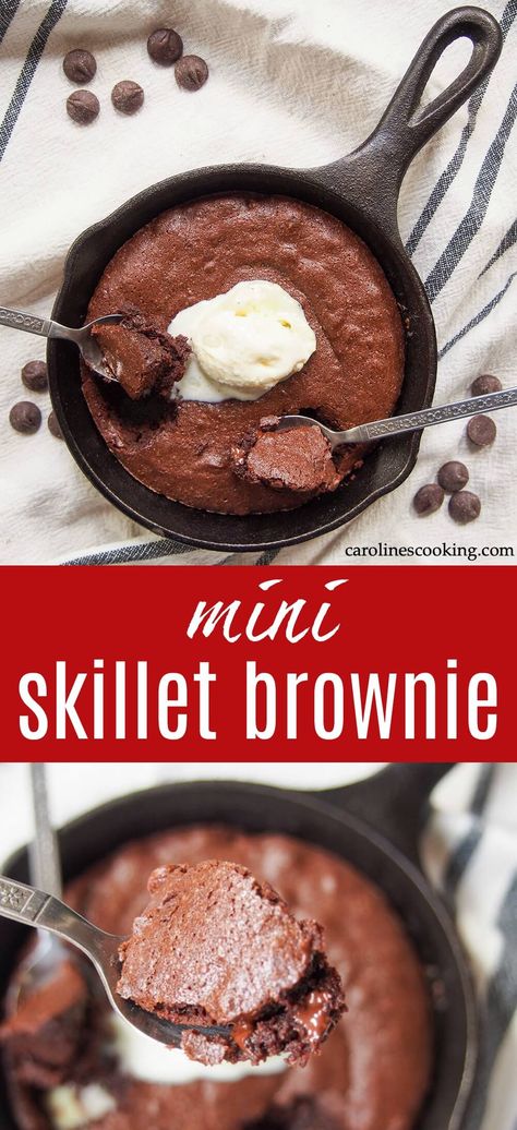 This mini skillet brownie is so easy to make and the perfect delicious chocolate dessert for two. Perfect for a special occasion or any excuse! It all comes togeter in less than 30 minutes and is delicious enjoyed warm straight out of the pan. #brownie #skilletbrownie #smallbatch #dessert #valentinesday Skillet Brownie, Recipe For 1, Small Batch Baking, Iron Skillet Recipes, Cast Iron Skillet Recipes, Dessert For Two, Cast Iron Recipes, Mug Recipes, Small Desserts