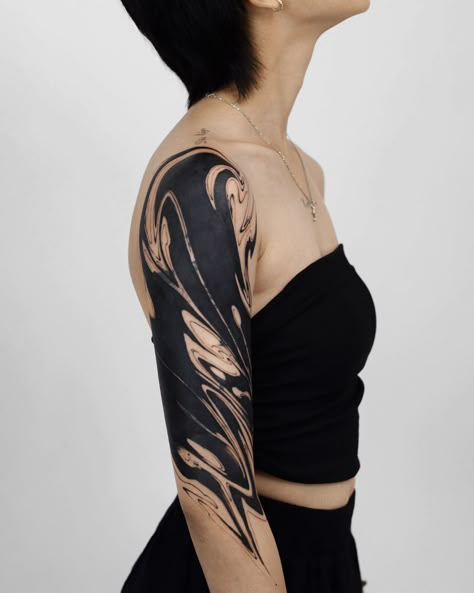 Large Black Tattoo Cover Up, Back Blackout Tattoo, Forearm Blackout Tattoo, Large Cover Up Tattoos For Women Arm, Tattoo Ideas For Cover Ups, Shoulder Tattoo Cover Up For Women, Blackout Cover Up Tattoo, Black Out Sleeve Tattoo, Feminine Cover Up Tattoos