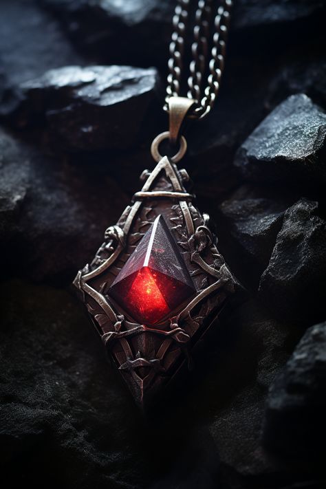 Red Magic Aesthetic, Fantasy Necklace Concept Art, Classes Dnd, Wizard Necklace, Fantasy Jewelry Magic, Magical Artifacts, Spinning Necklace, Magic Necklace, Fantasy Necklace