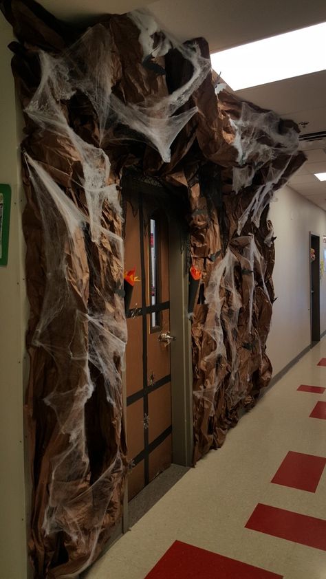 Bat Cave Classroom Door, Classroom Haunted House Ideas, Unique Halloween Door Decorations, Halloween Door Decorations Classroom Scary, Work Halloween Decorating Contest, Spooky Hallway Decorations, Halloween Classroom Decorations Bulletin Boards, Bat Classroom Door, Halloween Door Decorations Classroom High School