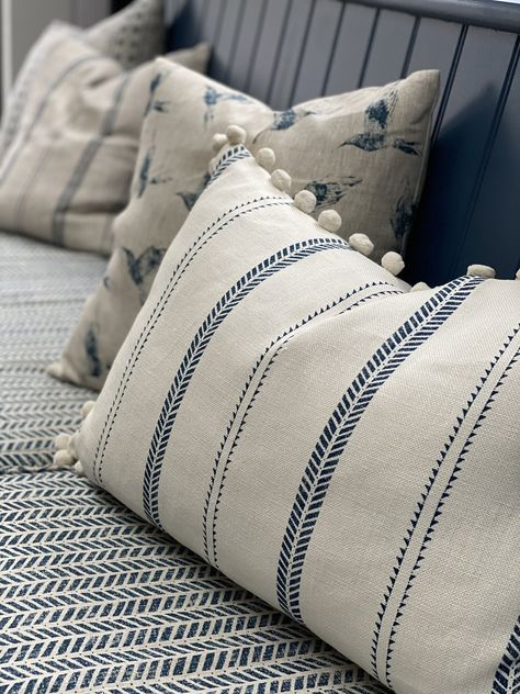 Coastal Fabric, Beach House Interior Design, Printed Linen Fabric, Boho Cushions, Beach House Interior, Fabric Inspiration, Blue Cushions, Blue Bedroom, Linen Cushion