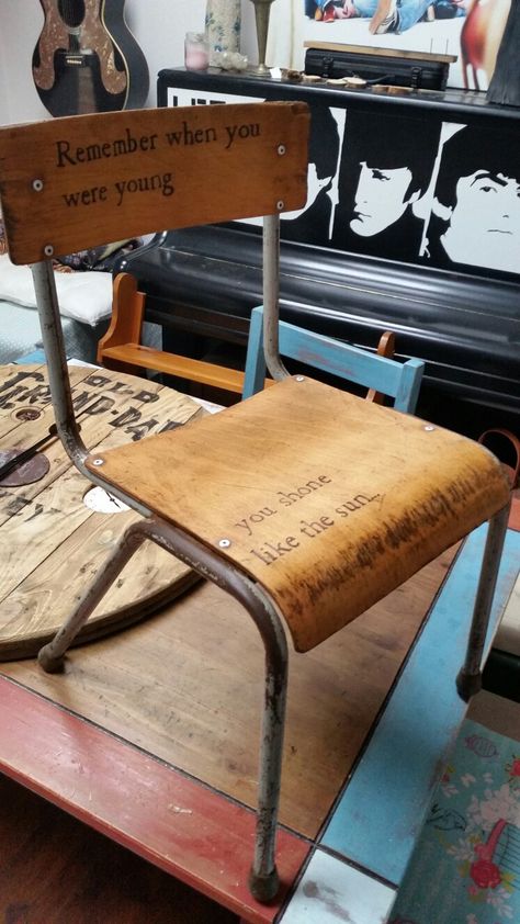 Upcycled vintage school chair Upcycled School Chairs, Old School Chairs, Vintage School Chairs, Upcycle Chair, Hand Painted Chairs, Wood School, School Chair, Retro Cafe, School Chairs