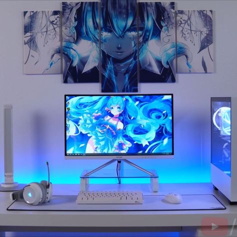 blue pc gamer setup anime theme Hatsune Miku Gaming Setup, Gaming Desk Setup Ideas, Artist Setup, Gamers Bedroom, Aesthetic Gaming Room, Gaming Room Setup Ideas, Room Setup Ideas, Desk Setup Ideas, Room Moodboard