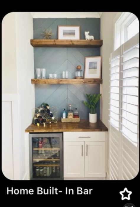 Wine Corner Kitchen, Built In Coffee Station Nook, Floating Shelves Home Bar, Townhouse Bar Ideas, Min Bar Ideas, Small Built In Bar In Living Room, Built In Bar Nook Wall Shelves, Coffee Corner In Living Room Bar Ideas, Diy Bar Area In Kitchen