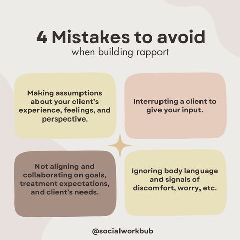 Every client shows up to therapy with different needs, expectations, past experiences, etc. Building rapport is essential to moving forward in any helpful way! What do you do to build rapport in those initial stages? #socialwork #socialworker #therapy #therapist #counselor #counseling #lmsw #lcsw #clinicalsocialwork #psychology #mentalhealth #mentalhealthtreatment #therapysession #rapport How To Build Rapport, Building Rapport With Clients, Lcsw Study Guide, Rapport Building, Building Rapport, Clinical Supervision, Work Vision Board, Clinical Social Work, Mental Health Facts