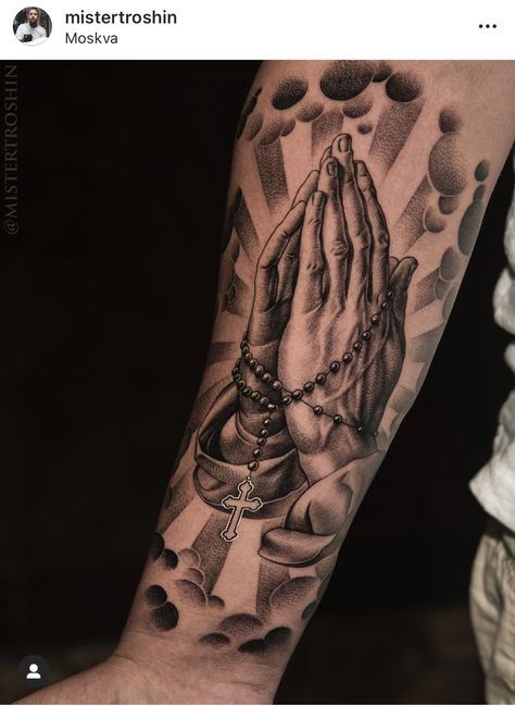 Praying Hands Tattoo Design, Religion Tattoos, Praying Hands Tattoo, Hands Tattoo, Gangsta Tattoos, Religious Tattoos, Praying Hands, Tattoo Art Drawings, Arm Tattoos