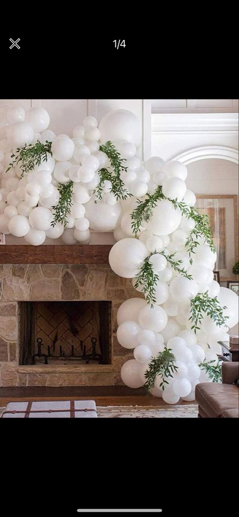 Balloon Arch With White Backdrop, Greenery Balloon Garland, Bride Balloon Arch, White Flower Wall With Balloons, Wedding Balloon Arrangements, Ballon Arch Wedding Reception, White Balloon Arch With Greenery, Balloon Garland Flowers, Organic Balloon Wall