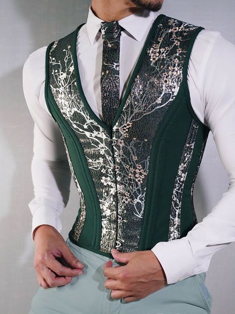 Listen, Derek's and Stiles' where a bitch to find, but this is the right green. and fit. Corset Vest, Corset Outfit, Dress Suits For Men, Fashion Suits For Men, Mens Fashion Classy, Prom Outfits, Fantasy Fashion, Suit Fashion, Character Outfits