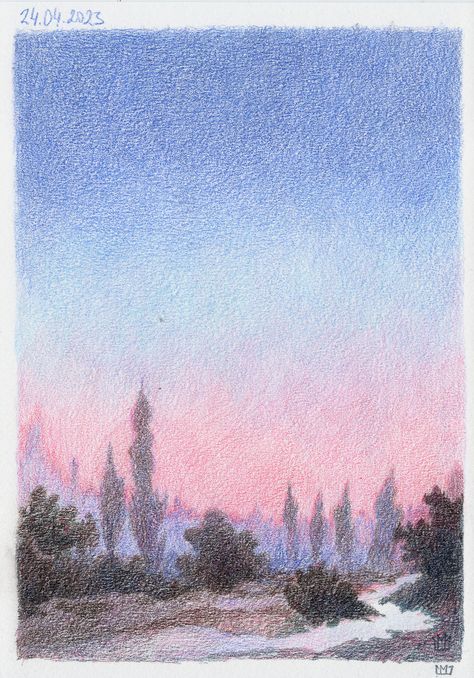 Sketches With Pencil Colours, Sky Color Pencil, Color Pencil Sunset, Sunset Colored Pencil, Pencil Art Landscape, Colored Pencil Sunset, Landscape Colored Pencil, Colour Pencil Art Landscapes, Landscape Drawing Easy