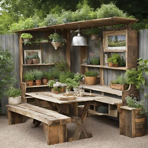 Bring a touch of the past to your garden with these 21 DIY vintage décor projects. Perfect for a stylish outdoor upgrade. #TimelessDecor #VintageGarden #DIYCrafting #OutdoorInspiration #GardenUpgrades Gardening Table Ideas, Diy Garden Pots Ideas Planters, Repurposed Outdoor Furniture, Junk Garden Ideas Repurposed, Outdoor Potting Bench Ideas, Small Courtyard Ideas Garden Nook, Garden Work Bench, Garden Room Interiors, Garden Station