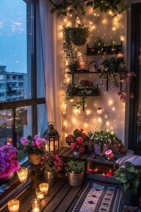 Glowing lights and vibrant blooms create magic Future Apartment Decor, Small Balcony Decor, Inspire Me Home Decor, Apartment Balcony Decorating, Cozy Room Decor, Apartment Decor Inspiration, Amritsar, Room Makeover Bedroom, Balcony Design