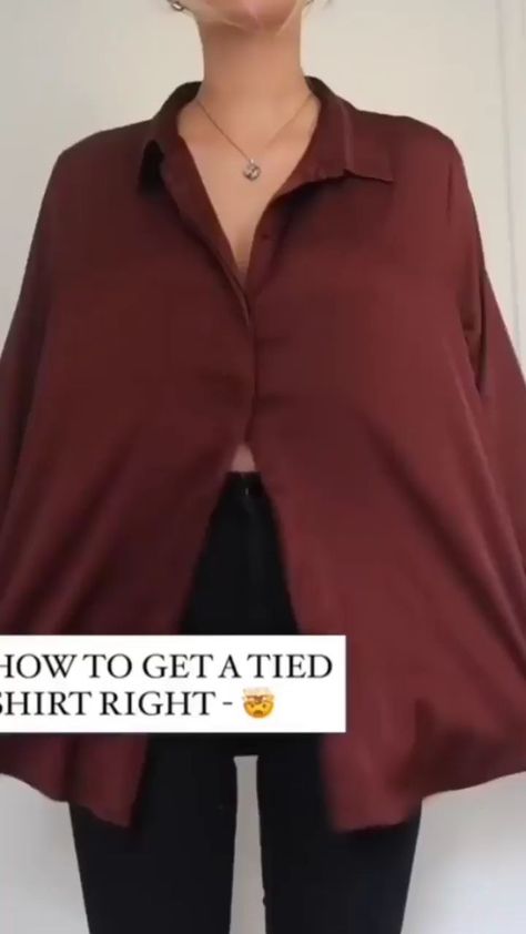 fashionador on Instagram: SO satisfying 🙊 how to tie a shirt perfectly! Tag someone who’d try 🙌 • Love Fashion? Follow👉 @FashionAdor Courtesy of @fashioninflux… Shirts Wearing Style, Collared Shirt Hack, How To Tie Shirt Over Dress, Tie Shirt Over Dress, Mens Shirt Hacks For Women, Top With Shirt Outfit, Shirt Too Small Hack, How To Style Chemise, Baggy Shirt Hack