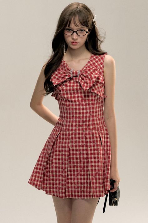 Red Check Floral Bow Vest Dress Red Checkered, Checkered Dress, Isle Of Man, Dress With Bow, Vest Dress, Sewing Inspiration, Bosnia And Herzegovina, Skirt Pants, Red Dress