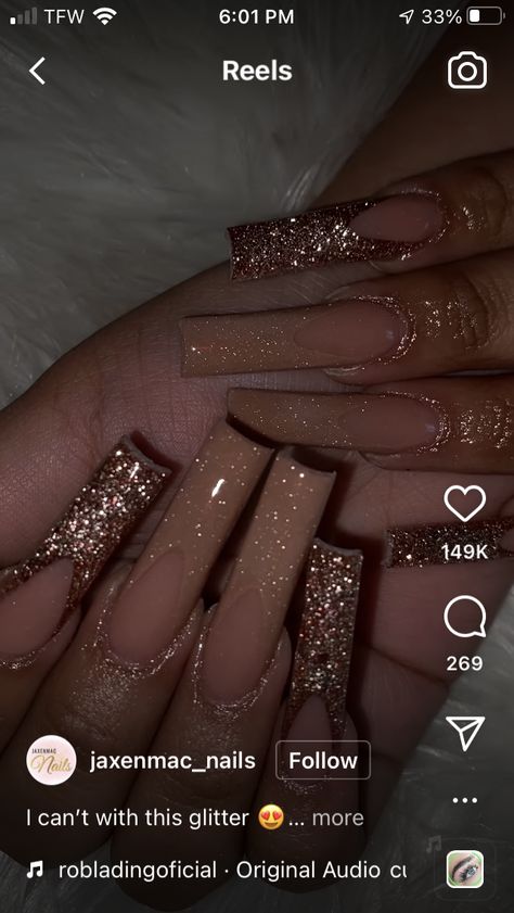 Neutral Sparkly Nails, Sparkly Brown Nails, Pink Champagne Nails, Sparkly Nails Acrylic, Gold Nails Prom, Ambre Nails, Sparkly Acrylic Nails, Champagne Nails, Quince Nails