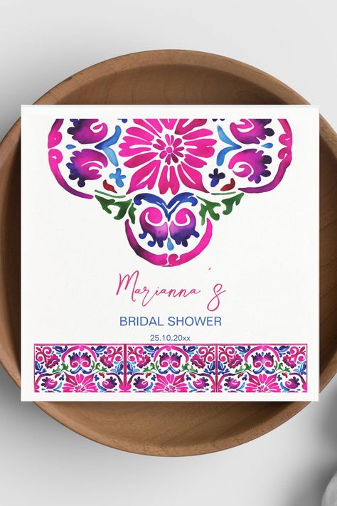 Pink blue Maxican Talavera tiles bridal shower tableware personalized napkins modern watercolor Pink Talavera Party, Mexican Themed Weddings, Mexican Tiles, Painted Bottles, Ceramic Bathroom, Art Clip, Pink Bridal Shower, Modern Watercolor, Personalized Napkins