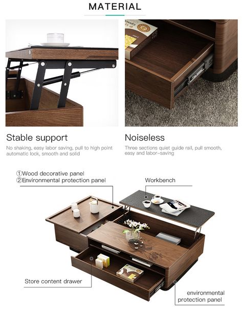 Storage Center Table, Smart Table Design, Smart Coffee Table, Botique Interiors Design, Smart Furniture Technology, Modern Coffee Table Ideas, Transformer Furniture, Wood Lift Top Coffee Table, Center Coffee Table