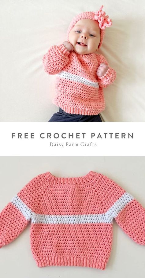 Free Pattern from Daisy Farm Crafts! Crochet Baby Projects, Crochet Baby Sweater Pattern, Crochet Baby Sweaters, Newborn Crochet Patterns, Crochet Baby Sweater, Baby Sweater Patterns, Crochet Sweater Pattern Free, Crochet Baby Cardigan, Baby Crochet Patterns Free