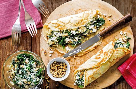 Spanakopita-inspired pancakes | Tesco Real Food Pancake Fillings, Greek Spanakopita, Savoury Pancake Recipe, Lunch Wraps, Tesco Real Food, Spinach Ricotta, Savory Crepes, Savory Pancakes, Greek Dishes