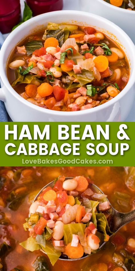 Ham Bean Cabbage Soup pin collage Bean Cabbage Soup, Bean And Cabbage Soup, Healthy Cabbage Soup, Ham And Cabbage Soup, Healthy Ham, Ham And Cabbage, Ham Soup Recipes, Cabbage Recipes Healthy, Savory Ham