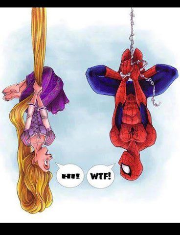 Rapunzel meets Spiderman - "Tangled 3 : upside down" ? Disney Humor, Lindo Disney, Disney Mignon, Art Geek, Image Princesse Disney, Funny Disney Memes, Disney Fanart, 디즈니 캐릭터, Prințese Disney