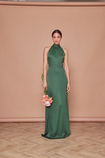 Green Halter Bridesmaid Dress, Basil Bridesmaid Dresses, Non Satin Bridesmaid Dresses, High Neck Formal Dress Long, High Neck Green Dress, November Wedding Bridesmaids Dresses, Forest Green Dress Formal, Green High Neck Dress, Forest Green Bridesmaid Dress