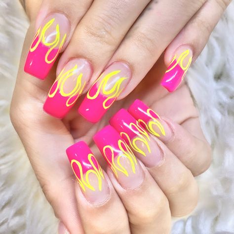 Hot Pink And Yellow Nails, Yellow Nails, Best Acrylic Nails, Nail Inspo, Hot Pink, Acrylic Nails, Nail Designs, Nails, Pink