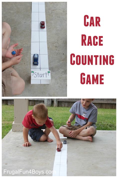 Here’s a game that preschoolers will love – Car Race Counting! My husband built this game out of a piece of poster board and a little bit of white duct tape.  He cut the poster board into 4 inch wide strips (so each lane is 2 inches wide) and taped three strips together end-to-end.  We...Read More » Cars Preschool, Car Activities, Preschool Counting, Transportation Preschool, Engineering Challenge, Counting Games, Number Activities, Petite Section, Counting Activities