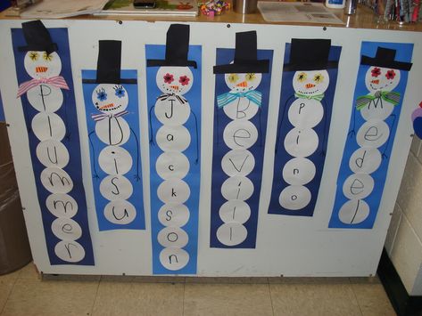 Great idea for learning to spell their last name. Name Snowman, Preschool Winter, Winter Classroom, Winter Kindergarten, Winter Preschool, Christmas School, Kindergarten Ideas, Preschool Christmas, Classroom Crafts