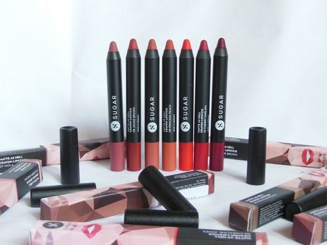 New Sugar Cosmetics Matte As Hell Lip Crayon: Review + Swatches  I am here with another new launch and it’s again Sugar Cosmetics. With every new launch, I Sugar Cosmetics, Crayon Lipstick, Cosmetics Products, Lip Crayon, Sugar Lips, Pencil Crayon, Lip Crayons, I Am Here, New Launch