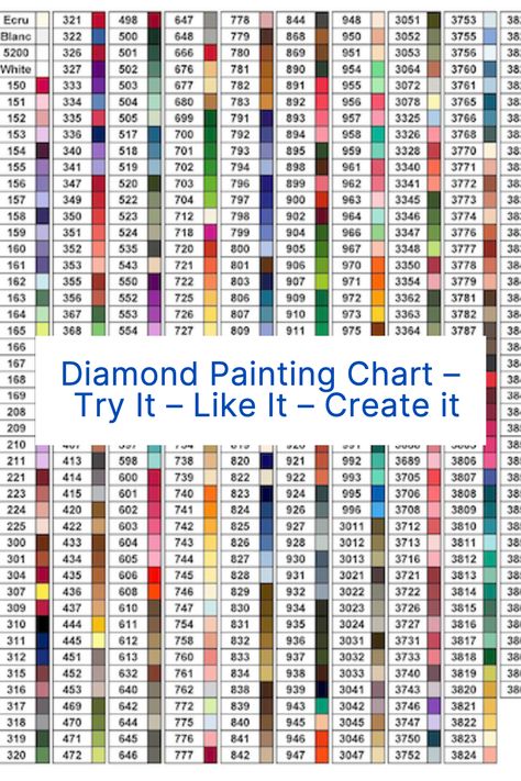 A free printable color chart to use with diamond painting and DMC threads. Diamond Art Beads, Diamond Art Color Chart, Diamond Dotz Color Chart, What To Do With Extra Diamond Painting Beads, Dmc Diamond Painting Color Chart, Diamond Dotz Freestyle Patterns, Free Diamond Painting Patterns, Dmc Floss Chart Printable Free, Diamond Painting Pattern Free