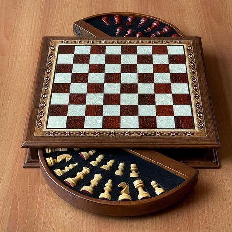 Walnut Wooden Circle Storage Chess Board with Classic Wood Chess Pieces 😍 25% discount! Free shipping! For ordering 👇👇👇 www.asyawoodart.com #chess #chessset #chesspieces #chessboard Wood Chess Pieces, Secret Compartment Furniture, Glass Chess Set, Large Chess Set, Metal Chess Set, Glass Chess, Wood Chess Set, Marble Chess Set, Storage Wooden