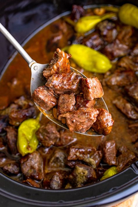 Stew Meat Recipes Crock Pot Brown Gravy, Slow Cooker Beef Bites, Pepper Beef Crockpot, Crockpot Recipes Steak Bites, Beef With Pepperoncini Slow Cooker, Crockpot Beef With Pepperoncini, Slow Cook Steak Bites, Tenderized Steak Recipes Crockpot, Pepperchini Beef Slow Cooker