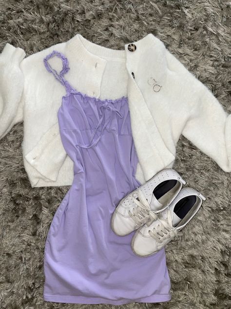 #purple #dress #white #sweater #shoes #outfit #beauty #style #aesthetic Purple And White Aesthetic Outfit, Aesthetic Dresses Purple, Pretty Outfits Purple, Purple Outfit Inspiration, Cool Purple Clothes, Light Purple Shoes Outfit, Purple Dress Outfit Aesthetic, Purple Outfit Ideas Aesthetic, Clothes Purple Aesthetic