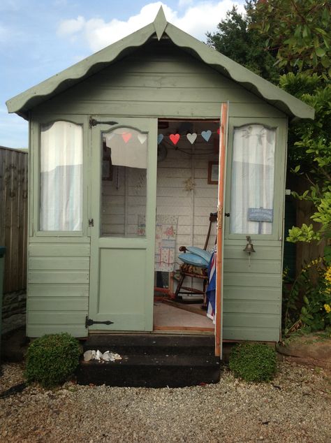 Green Garden Shed, Sage Green Shed, White Shed Green Door, Wendy House Ideas, Painted Summerhouse Exterior, Green Sheds Painted, Dark Green Garden Shed, Shed Makeover, Summer House Garden