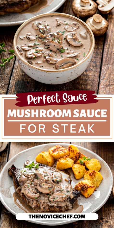 This creamy Mushroom Sauce is a quick and easy way to elevate your next steak dinner. A versatile and flavorful recipe featuring wine, garlic, shallots, herbs, and heavy cream! Mushroom Shallot Sauce, Steak With Mushroom Cream Sauce, Mushroom Sauce For Steak Without Cream, Mushroom Pepper Sauce, Red Wine Mushroom Sauce Steaks, Mushroom Wine Sauce For Steak, Creamy Mushroom Sauce For Steak, Steak And Mushroom Sauce, Mushroom Cream Sauce For Steak