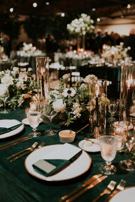 Emerald And Gold Fall Wedding, Dark Green And Cream Wedding Theme, English Garden Centerpiece Ideas, Green Tones Wedding Theme, Forest Green Wedding Decor Ideas, Elegant Winter Wedding Ideas Decorations Table Settings, Dark Green Black White Wedding, Emerald Green Woodsy Wedding, Green Wedding Ideas Color Schemes