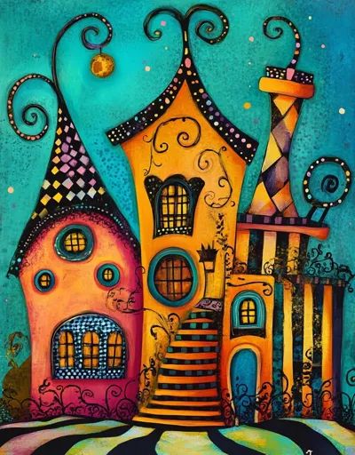 ↑↑↑ Larger size on website 🔸 The image is a whimsical painting of a brightly colored, three-story house. The house has a variety Wonky Houses, Vintage Modern Bathroom, Parisian Modern, Modern Bathroom Designs, Parisian Design, Whimsical Houses, Wonder And Whimsy, Three Story House, Crooked House