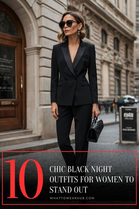 Make a statement with these stand-out black night outfits, perfect for women who want to shine. From classic black dresses to edgy tights and heels, these looks are designed for sophistication and style. Each outfit suits a variety of night settings, from upscale dinners to trendy club nights. Be bold and elegant in your favorite black outfit combination! #StatementOutfit #NightOutStyle #BlackElegance Evening Jeans Outfit Classy, Dinner Jacket Women Outfit, Black Blazer Outfits For Women Going Out, All Black Dinner Outfit Classy, Casual Elegant Outfits Night Party, Black Pants Wedding Outfit Guest, Jazz Dinner Outfit, Cocktail Party Outfit Black Women, Dressy Tops With Black Pants