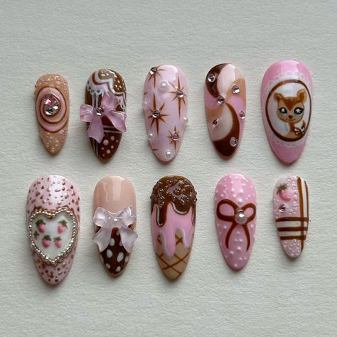 Pink & Brown, Brown Kawaii Nails, Paint Nails Ideas, Neopolitan Nails, Brown And Pink Nails, Pink And Brown Nails, Deer Nails, Nail Art Noel, Kawaii Nail Art