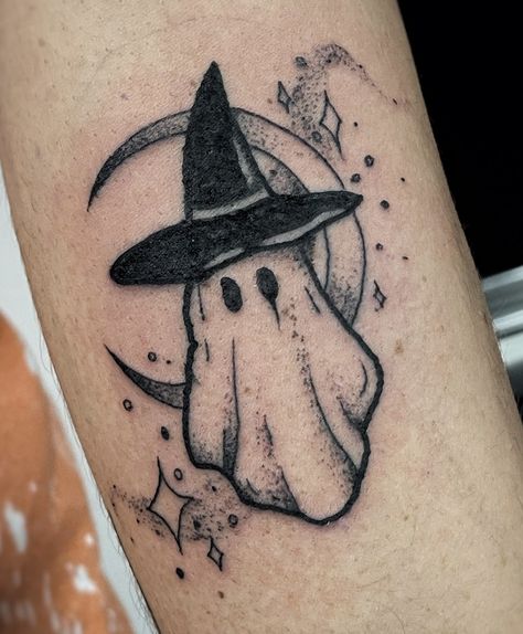 Ghost With Witch Hat Tattoo, Small Candle Tattoo, Herb Tattoo, Hat Tattoo, Toe Tattoos, Whimsical Tattoos, Bookish Tattoos, Pumpkin Tattoo, Small Girly Tattoos