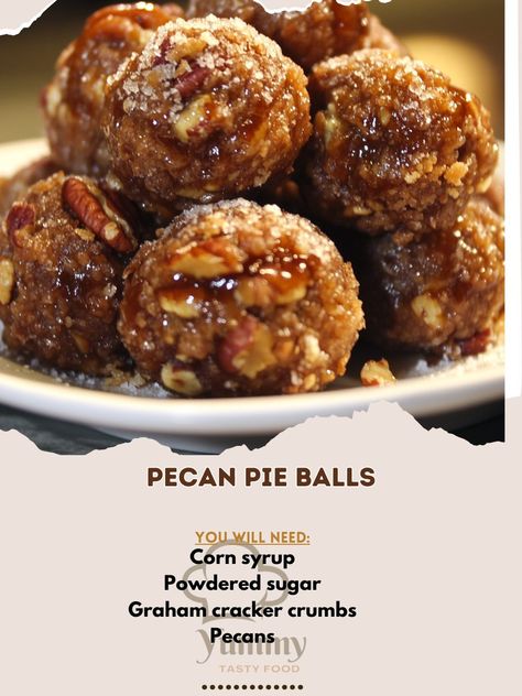 🥧🍬 Experience the sweetness of Pecan Pie Balls! These bite-sized treats capture the flavors of pecan pie in a delightful, easy-to-make form! Pecan Pie Balls Ingredients: Pecans (1 cup, finely chopped) Graham cracker crumbs (1 cup) Powdered sugar (1 cup) Corn syrup (1/2 cup) Vanilla extract (1 tsp) Chocolate chips (for coating, optional) Instructions: In a bowl, combine pecans, graham cracker crumbs, powdered sugar, corn syrup, and vanilla; mix until combined. Roll the mixture into small b... Chocolate Pecan Pie Balls, Pecan Balls With Powder Sugar, Cornbread Balls, Pie Balls, Pecan Pie Balls, Pecan Balls, Pecan Pie Bites, Cozy Fall Recipes, Chips And Dip