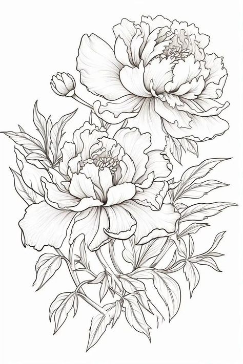 Peony Drawing Tattoo, Peony Drawing, Peony Illustration, Printable Flower Coloring Pages, Flower Line Drawings, Flower Art Drawing, Flower Sketches, Floral Drawing, Pola Sulam