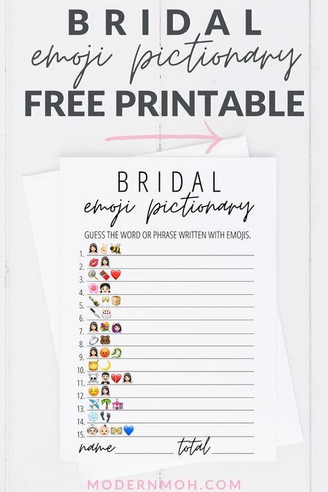 FREE Bridal Emoji Pictionary printable game card including detailed instructions on how to play and extra tips for playing! #bridalemojipictionary #freebridalemojipictionaryprintable#ModernMaidofHonor #ModernMOH Bridal Pictionary Game, Emoji Pictionary Bridal Shower Game, Bridal Shower Emoji Game Free Printable, Bridal Shower Emoji Pictionary, Bridal Shower Games Templates, Bridal Emoji Game, Free Bridal Shower Invitations Templates, Bridal Shower Ice Breaker Games, Bridal Shower Printable Games